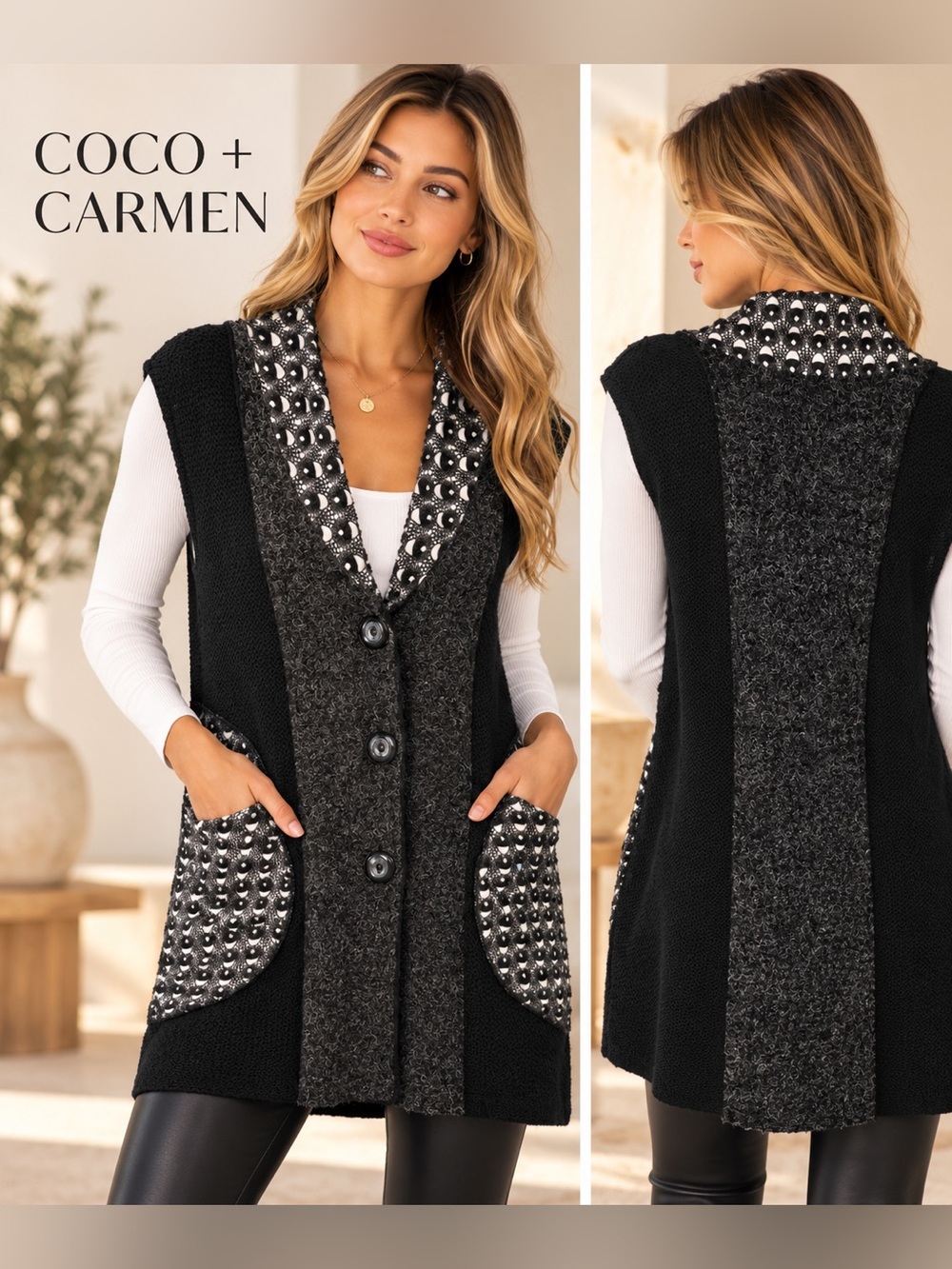 Coco + Carmen Mixed Knit Lace Trim Sweater Vest Black L/XL